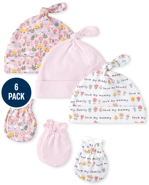 Baby Girls Floral Knotted Hat And Mittens 6-Piece Set