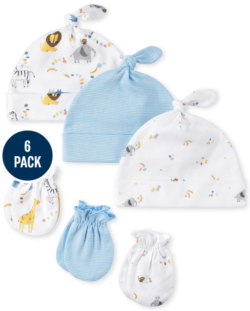 Unisex Baby Striped Knotted Hat And Mittens 6-Piece Set