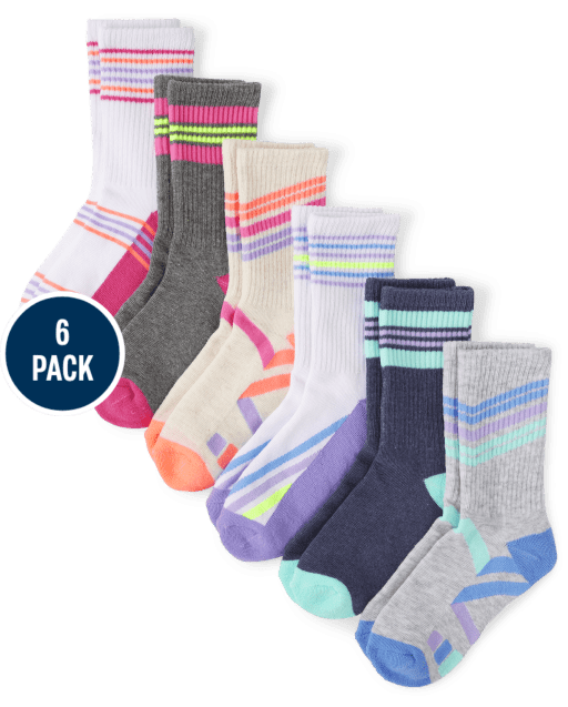 Girls Striped Athletic Crew Socks 6-Pack