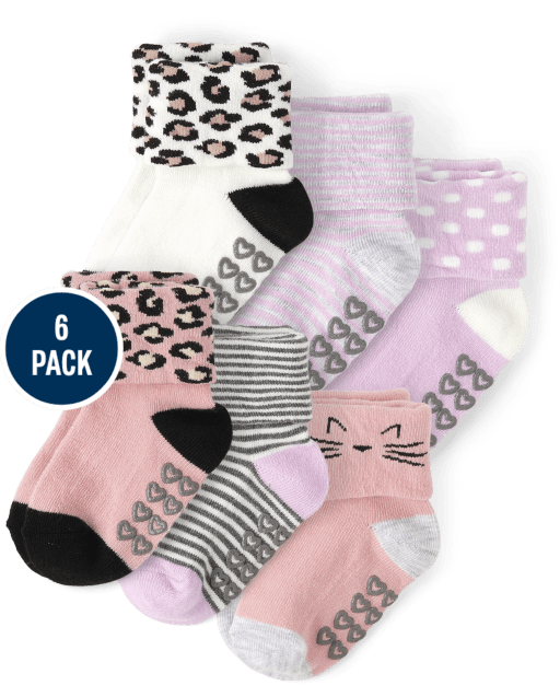 Paquete de 6 calcetines con puños vueltos de leopardo para bebés y niñas pequeñas