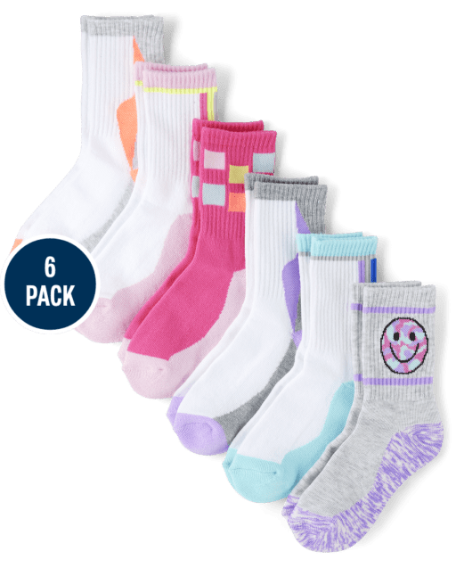 Girls Happy Face Cushioned Crew Socks 6-Pack