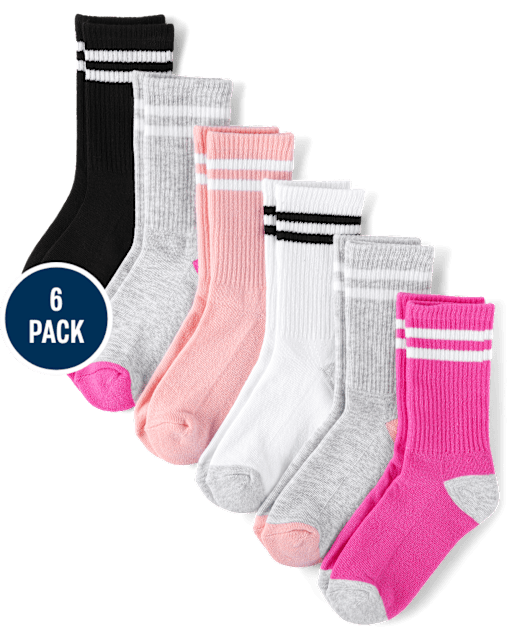 Girls Striped Cushioned Crew Socks 6-Pack