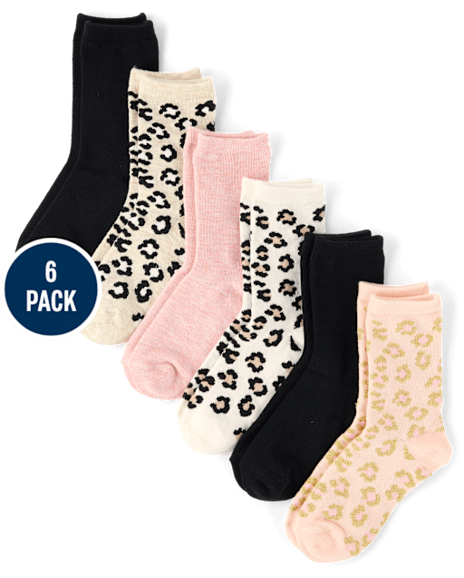 Girls Leopard Crew Socks 6-Pack