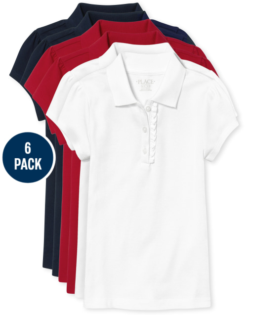 Girls Uniform Short Sleeve Ruffle Pique Polo 6-Pack
