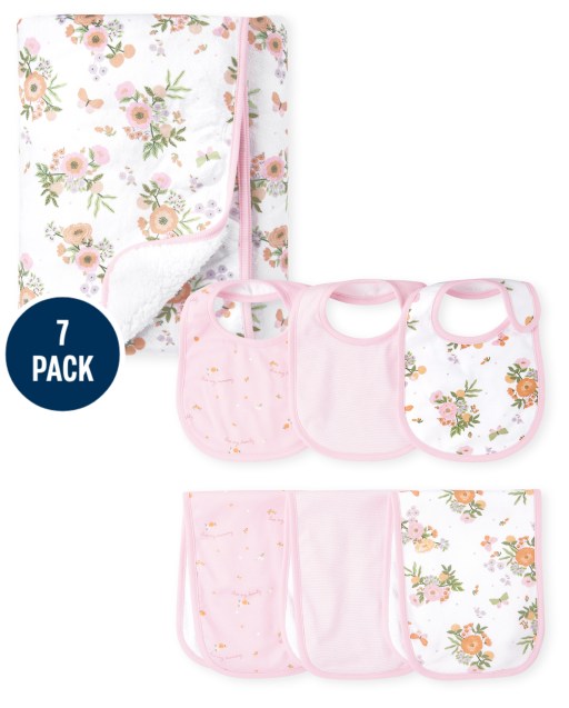 Baby Girls Rose Bib, Burp Cloth And Cozy Blanket 7-Piece Set