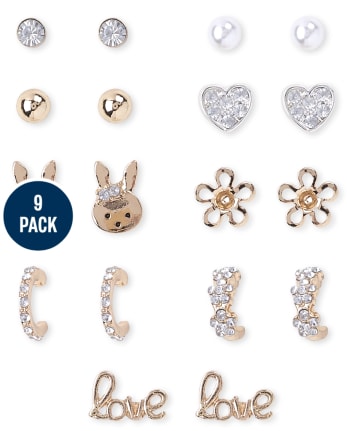 Girls Gold Bunny Earrings 9-Pack