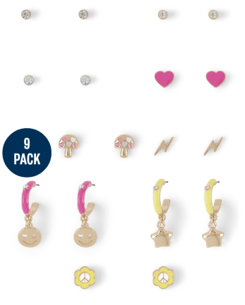 Girls Happy Face Earrings 9-Pack