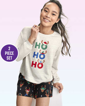 Tween Girls Ho Ho Ho French Terry And Flannel Pajamas