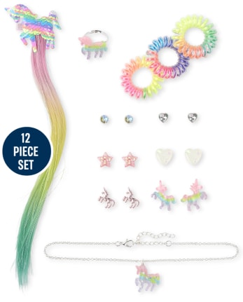 Girls Rainbow Flip Sequin Unicorn 12-Piece Hair And Jewelry Set