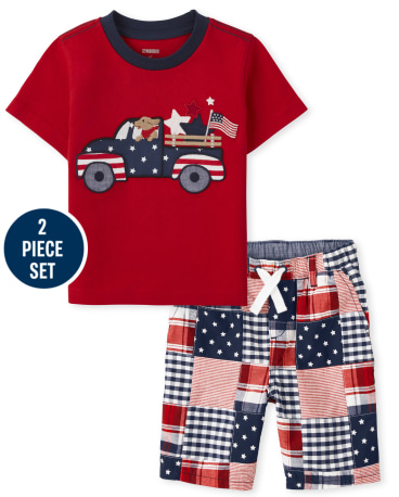 Boys Embroidered Truck Top And Madras Pull On Shorts Set - American Cutie