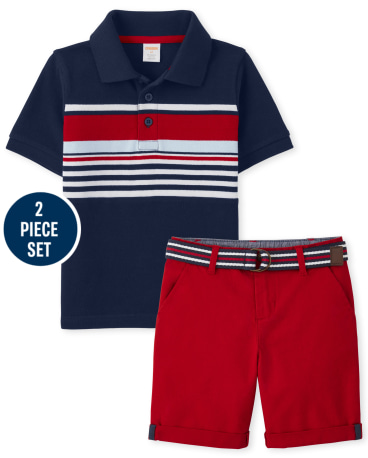 Boys Striped Polo And Belted Chino Shorts Set - American Cutie