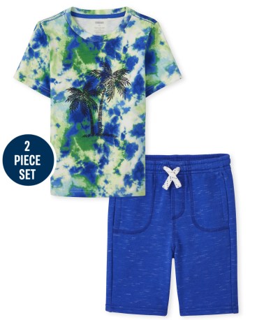 Boys Tie Dye Palm Tree Top And Pull On Shorts Set - Music Festival
