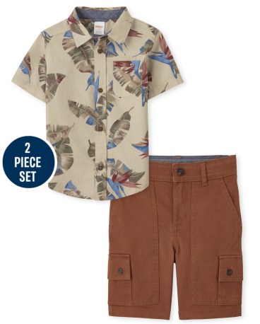 Boys Leaf Button Up Shirt And Cargo Shorts Set - Outback Adventure