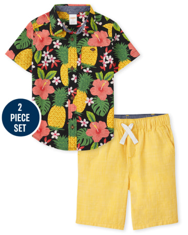 Boys Pineapple Button Up Shirt And Pull On Shorts Set - Pineapple Punch