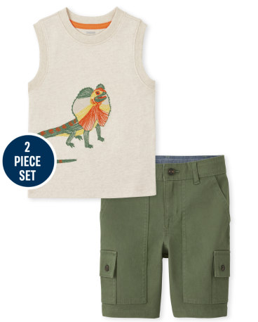 Boys Embroidered Lizard Tank Top And Cargo Shorts Set - Outback Adventure
