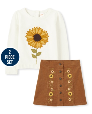Girls Embroidered Sunflower Sweater And Sunflower Corduroy Skirt Set - Autumn Harvest
