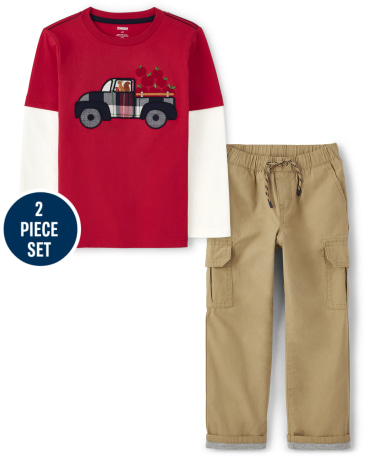 Boys Embroidered Truck Layered Top And Poplin Cargo Pants Set - Head of the Class