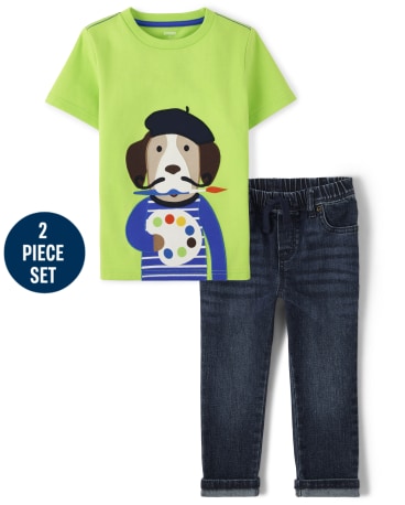 Boys Embroidered Dog Top And Pull On Jeans Set - Future Artist