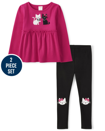 Girls Embroidered Cat Empire Top And Cat Leggings Set - Purrrfect in Pink