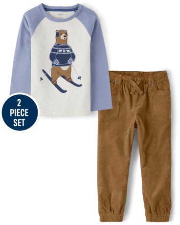 Boys Embroidered Bear Raglan Top And Corduroy Pull On Jogger Pans Set - Bear Hugs