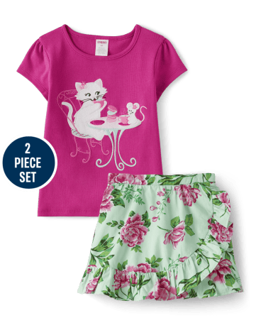 Girls Embroidered Cat 2-Piece Set - Time for Tea