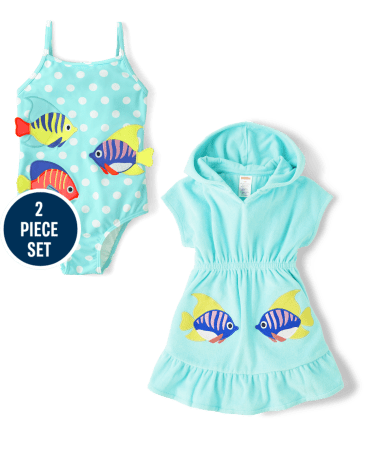 Girls Embroidered Fish 2-Piece Swim Set - Splish-Splash