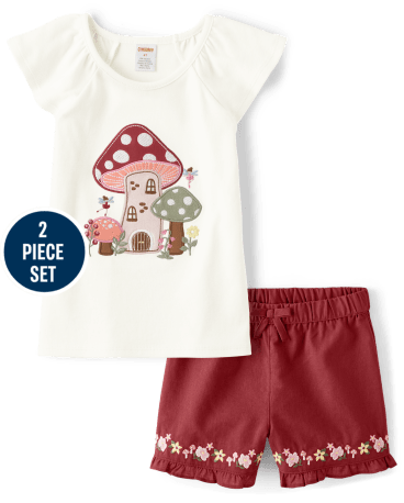 Girls Embroidered Mushroom 2-Piece Set - Fairytale Forest