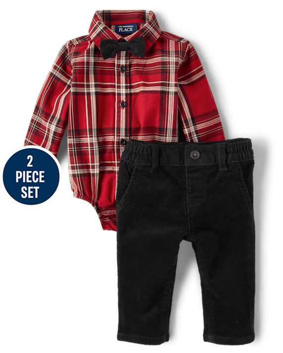 A red plaid bodysuit with a black bowtie and black jeans