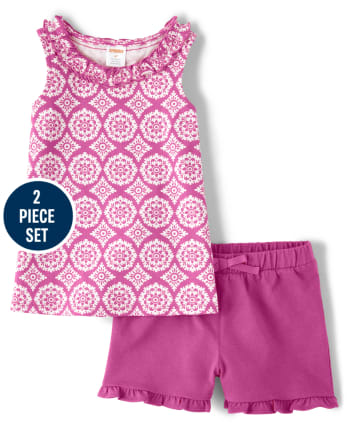 Girls Ruffle Tank Top And Shorts Set - Summer Sunsets
