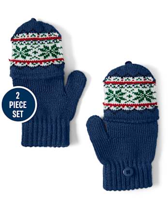 Boys Fairisle Pom Pom Hat and Mittens Set - Family Celebrations Green
