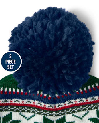 Boys Fairisle Pom Pom Hat and Mittens Set - Family Celebrations Green