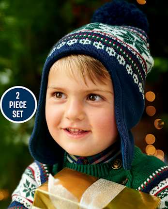 Boys Fairisle Pom Pom Hat and Mittens Set - Family Celebrations Green