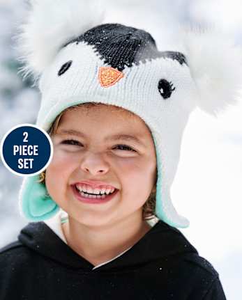 Ensemble bonnet et mitaines à pompon pingouin pour filles - Polar Party