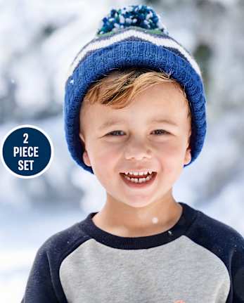 Boys Chevron Pom Pom Hat and Mittens Set - Polar Party