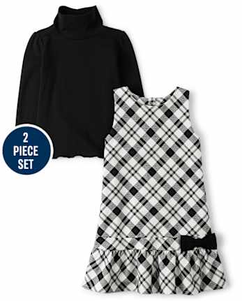 Girls Plaid Peplum Dress And Turtleneck Set - Reindeer Cheer
