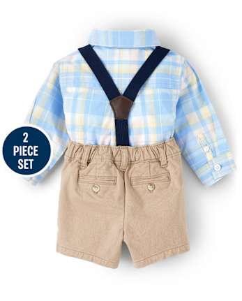 Conjunto de pantalones cortos de vestir y body con botones a cuadros para bebés niños - Celebraciones de primavera