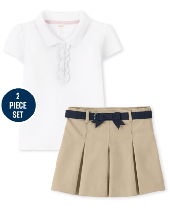Girls Ruffle Polo with Stain Resistance And Pleated Skort with Stain and Wrinkle Resistance Set - Uniform