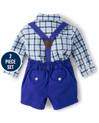 Conjunto de body con botones a cuadros y pantalones cortos chinos para bebés papá y yo - Blue Belle