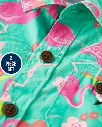 Bébé Garçons Famille assorti Flamingo Button Up Body And Pull On coton chino Short Ensemble - Tropical Paradise