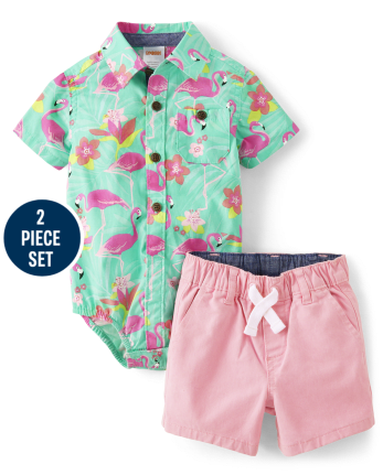Baby Boys Matching Family Flamingo Button Up Bodysuit And Pull On Chino Shorts Set - Tropical Paradise