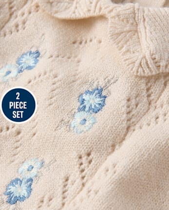 Ensemble 2 pièces pour bébé fille : pull brodé à fleurs au crochet
