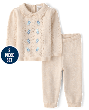 Ensemble 2 pièces pour bébé fille : pull brodé à fleurs au crochet
