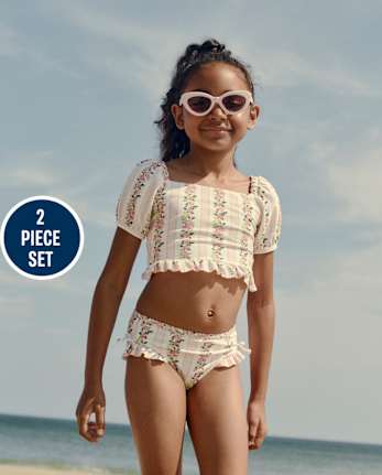 Girls Floral Puff Sleeve Tankini Swimsuit - Swim Shop