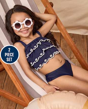 Girls Embroidered Eyelet Tiered Tankini Swimsuit - Swim Shop