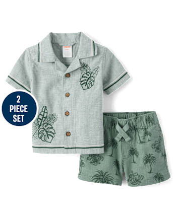 Baby Boys Embroidered  Tropical Leaf Linen-Blend 2-Piece Outfit Set - Amalfi Coast