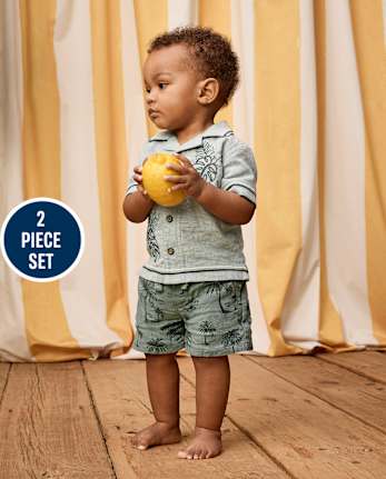 Baby Boys Embroidered  Tropical Leaf Linen-Blend 2-Piece Outfit Set - Amalfi Coast