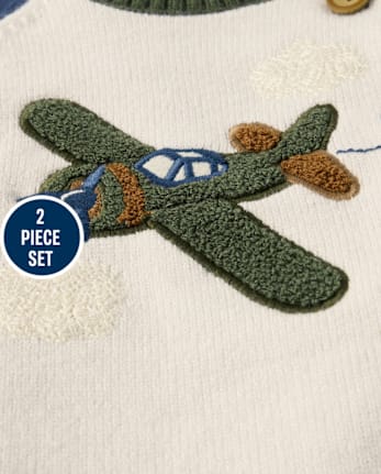 Baby Boys Embroidered Chenille Airplane Sweater 2-Piece Outfit Set
