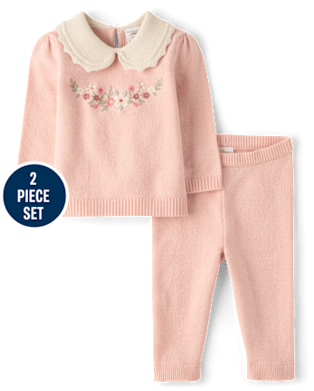 Baby Girls Embroidered Floral Sweater 2-Piece Outfit Set