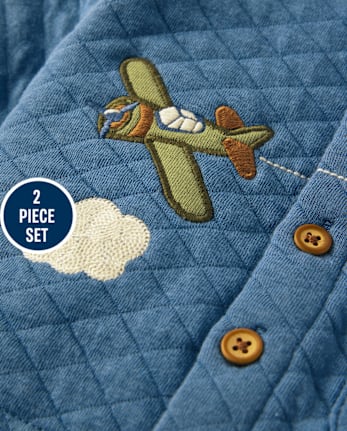 Baby Boys Embroidered Airplane Quilted 2-Piece Outfit Set