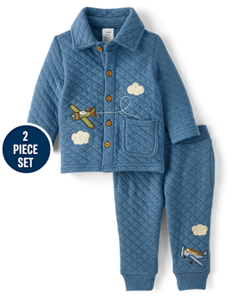Baby Boys Embroidered Airplane Quilted 2-Piece Outfit Set